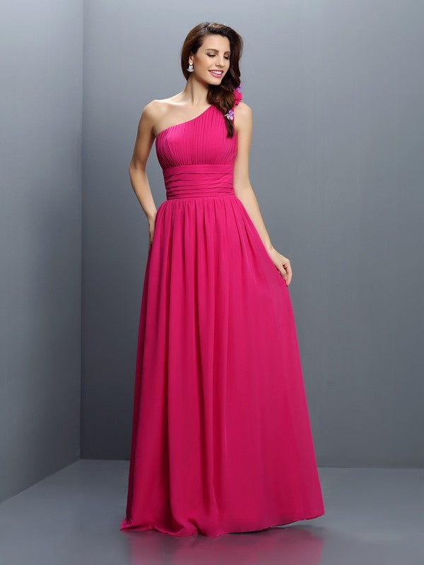 Wholesale A-Line Chiffon One-Shoulder Sleeveless Floor-Length With Pleats Bridesmaid Dresses