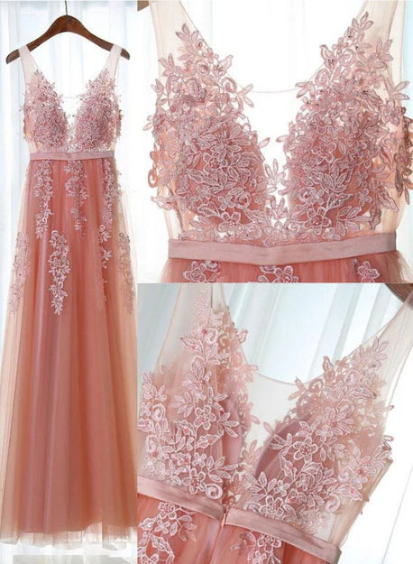 Beautiful Pink Long New Prom Dress Party Dress with Lace Applique Sexy Evening Dress Wholesale