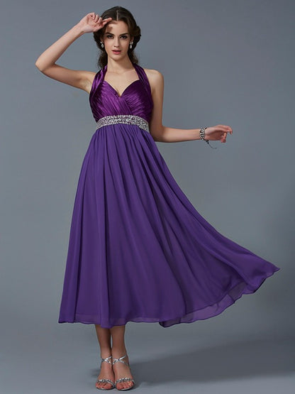 Wholesale A-Line Chiffon Halter Sleeveless Ankle-Length With Beading Bridesmaid Dresses