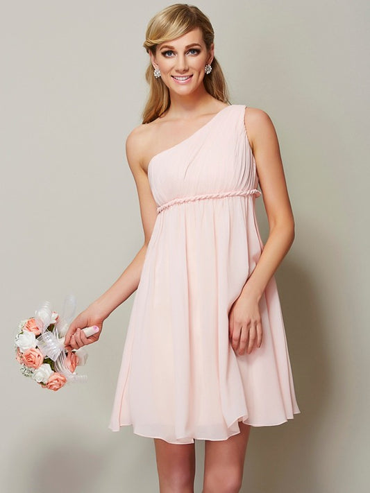 Wholesale A-Line Chiffon One-Shoulder Sleeveless Knee-Length With Sash/Ribbon/Belt Bridesmaid Dresses