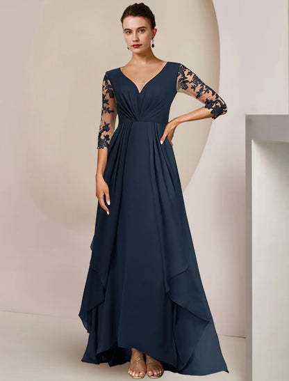 Wholesale A-Line Mother of the Bride Dress Wedding Guest Elegant High Low V Neck Ankle Length Chiffon Lace 3/4 Length Sleeve with Sequin Appliques