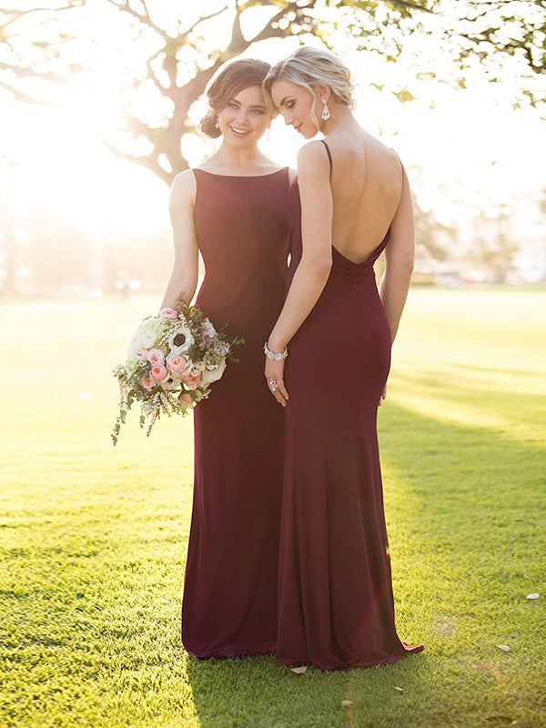 Wholesale Sheath/Column Chiffon Ruched Scoop Sleeveless Floor-Length Bridesmaid Dresses