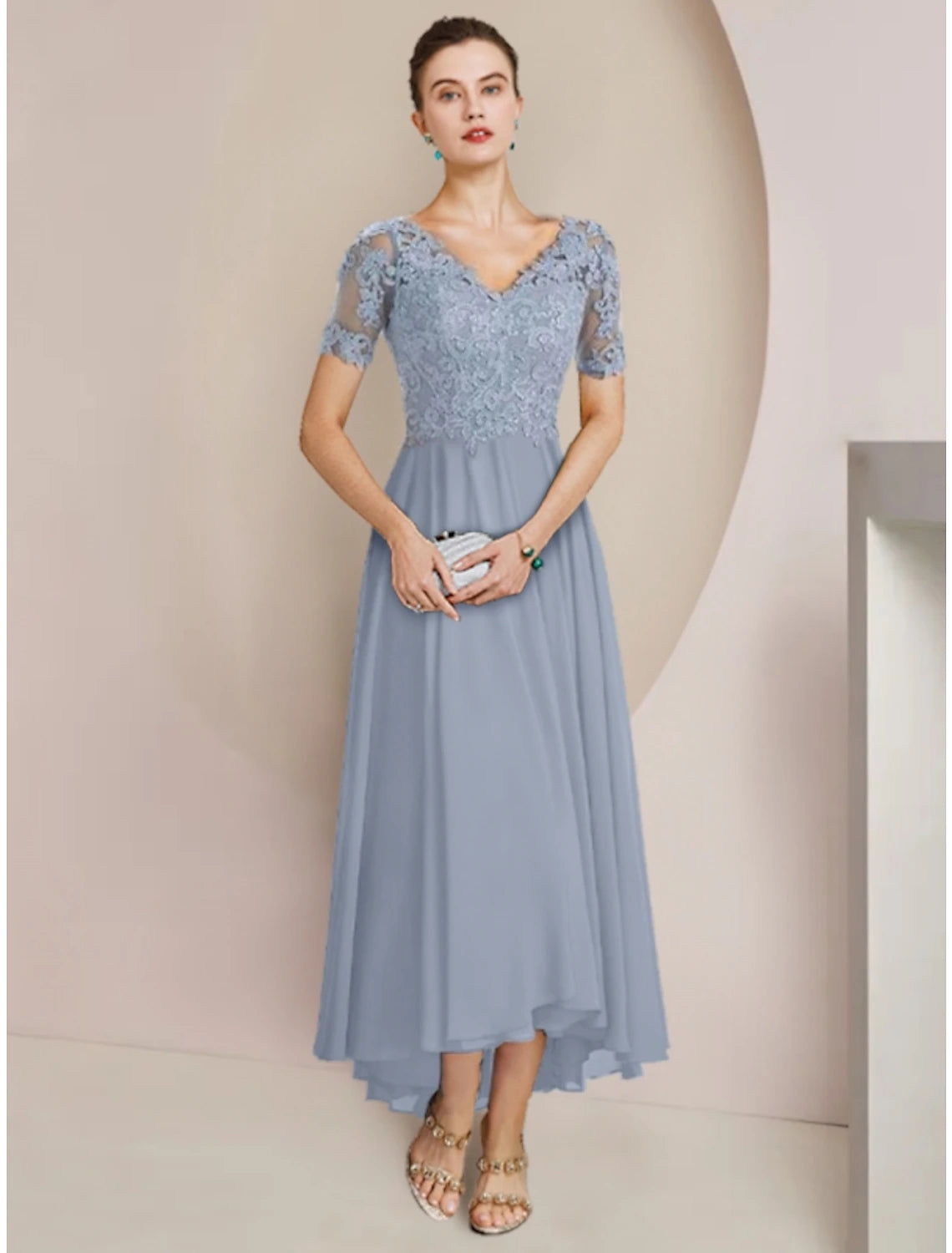 Wholesale Sheath / Column Mother of the Bride Dress Wedding Guest Vintage Elegant V Neck Asymmetrical Ankle Length Chiffon Lace Half Sleeve with Pleats Solid Color