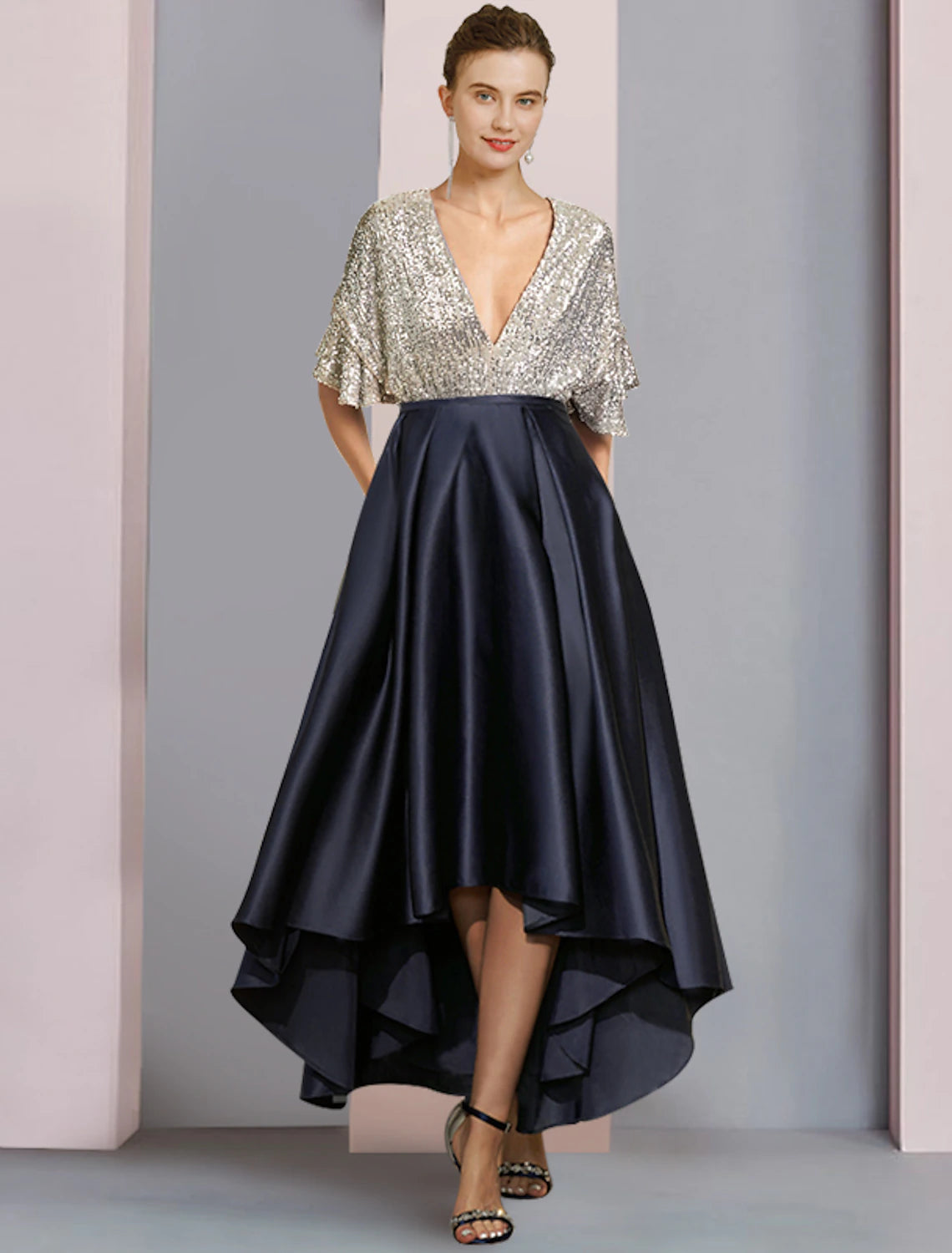 Wholesale A-Line Mother of the Bride Dress Wedding Guest Elegant Sparkle & Shine High Low V Neck Asymmetrical Tea Length Satin Sequined Short Sleeve with Pleats