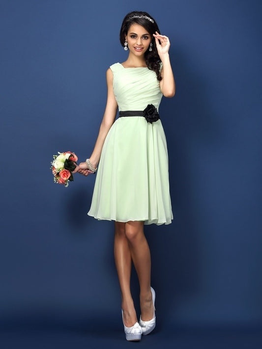 Wholesale A-Line Chiffon Bateau Sleeveless Short/Mini With Pleats Bridesmaid Dresses