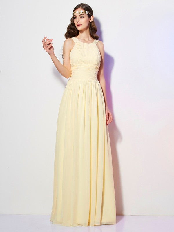 Wholesale A-Line Chiffon Bateau Sleeveless Floor-Length With Pleats Bridesmaid Dresses