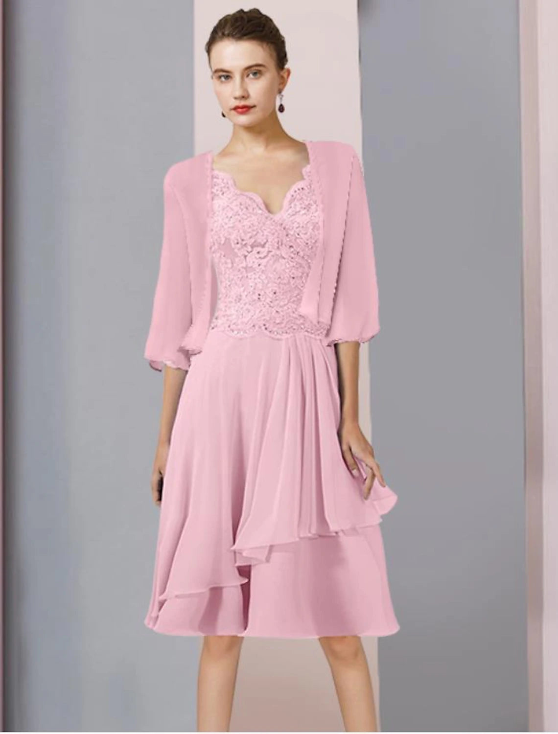 Wholesale Two Piece A-Line Mother of the Bride Dress Formal Wedding Guest Elegant V Neck Knee Length Chiffon Lace 3/4 Length Sleeve Wrap Included with Beading Sequin Appliques