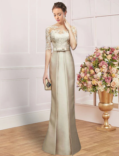 Wholesale Sheath / Column Mother of the Bride Dress Wedding Guest Party Elegant Jewel Neck Floor Length Satin Lace Half Sleeve with Bow(s) Ruching