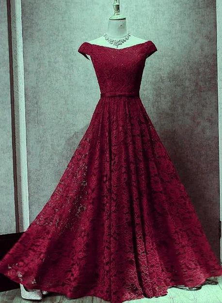 Dark Red Lace Off Shoulder Bridesmaid Dress Long Prom Dress Elegant Evening Dress Wholesale