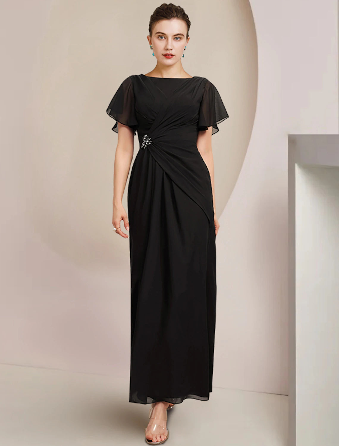 Wholesale Sheath / Column Mother of the Bride Dress Wedding Guest Elegant Scoop Neck Ankle Length Chiffon Short Sleeve with Crystal Brooch Side-Draped