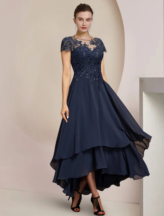 Wholesale A-Line Mother of the Bride Dress Formal Wedding Guest Elegant High Low Scoop Neck Asymmetrical Tea Length Chiffon Lace Short Sleeve with Sequin Appliques