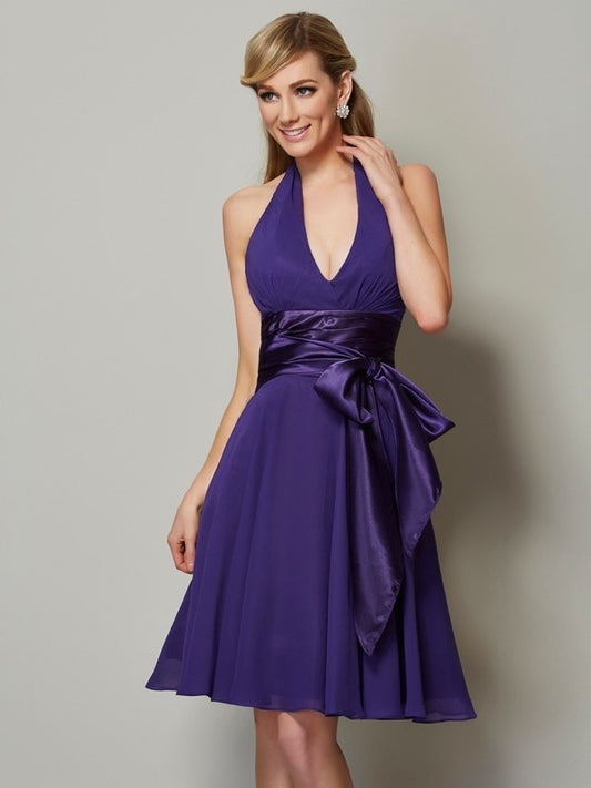 Wholesale A-Line Chiffon Halter Sleeveless Knee-Length With Sash/Ribbon/Belt Bridesmaid Dresses