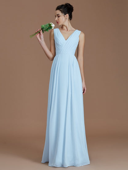 Wholesale A-Line V-neck Sleeveless With Ruched Floor-Length Chiffon Bridesmaid Dresses