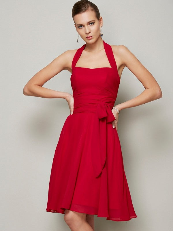 Wholesale A-Line Chiffon Halter Sleeveless Knee-Length With Bowknot Bridesmaid Dresses