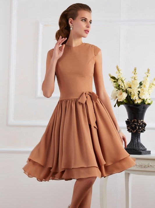 Wholesale Sheath Chiffon High Neck Sleeveless Knee-Length With Sash/Ribbon/Belt Bridesmaid Dresses