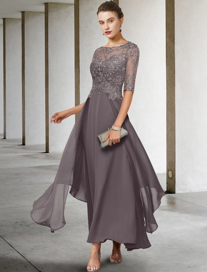 Wholesale A-Line Mother of the Bride Dress Formal Wedding Guest Elegant Scoop Neck Asymmetrical Ankle Length Chiffon Lace Half Sleeve No with Beading Appliques