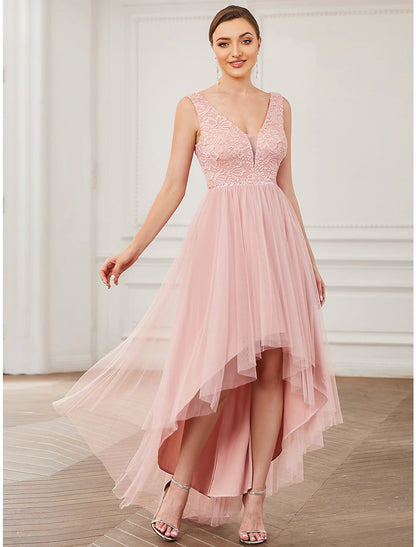 Wholesale A-Line Bridesmaid Dress V Neck Sleeveless Elegant Short / Mini Lace / Tulle with Draping / Ruching