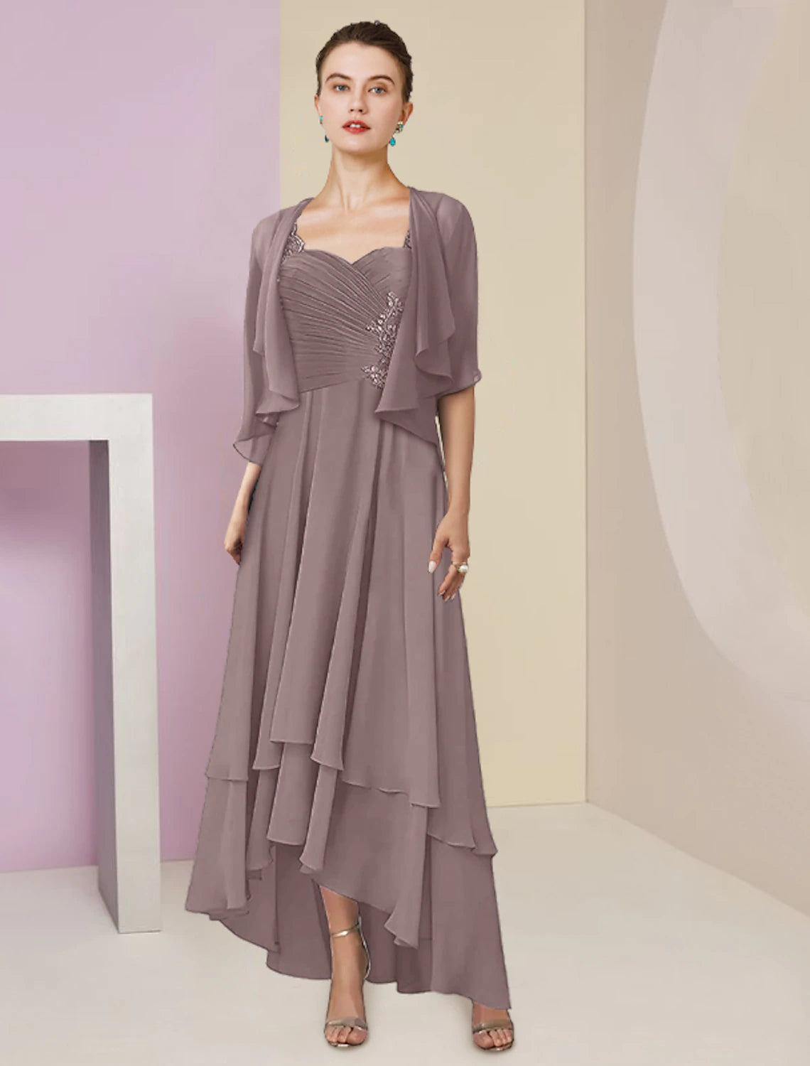 Wholesale Two Piece A-Line Mother of the Bride Dress Formal Wedding Guest Elegant Square Neck Asymmetrical Tea Length Chiffon Lace 3/4 Length Sleeve Wrap Included with Ruched Tier Appliques