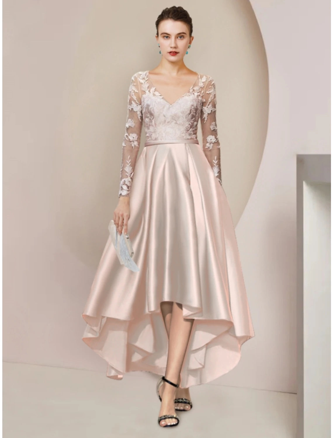 Wholesale Sheath / Column Mother of the Bride Dress Wedding Guest Party Elegant V Neck Asymmetrical Ankle Length Satin Long Sleeve with Lace Pleats