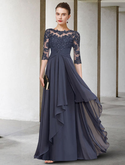 Wholesale A-Line Mother of the Bride Dress Plus Size Elegant Jewel Neck Floor Length Chiffon Lace 3/4 Length Sleeve with Pleats Ruched Appliques