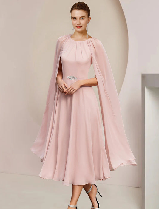 Wholesale A-Line Mother of the Bride Dress Wedding Guest Party Elegant Scoop Neck Tea Length Chiffon Sleeveless with Pleats Crystal Brooch