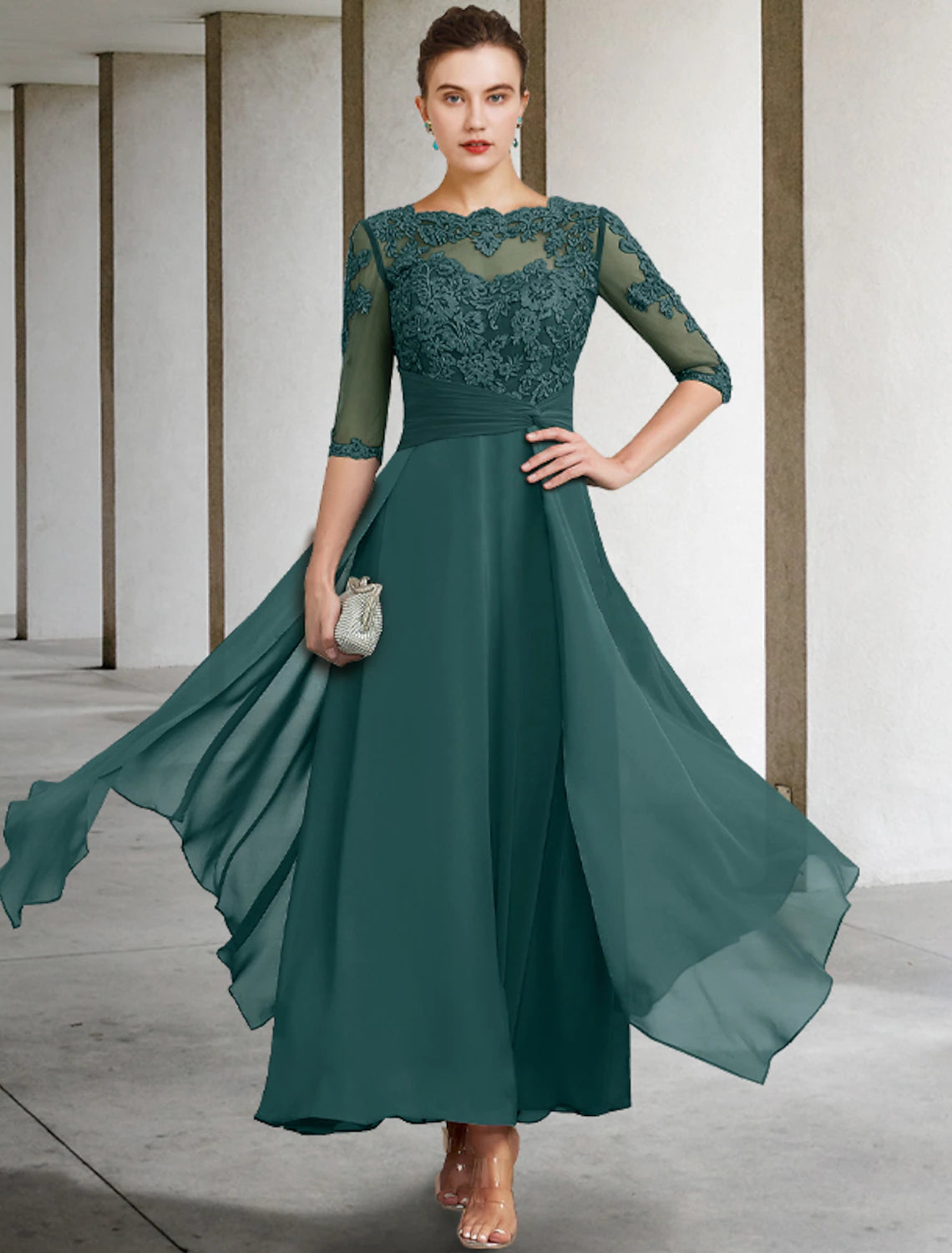 Wholesale A-Line Mother of the Bride Dress Wedding Guest Plus Size Elegant Jewel Neck Ankle Length Chiffon Lace Half Sleeve with Ruched Beading Appliques Fall