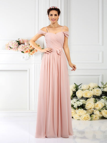 Wholesale A-Line Chiffon Spaghetti Straps Sleeveless Floor-Length With Hand-Made Flower Bridesmaid Dresses