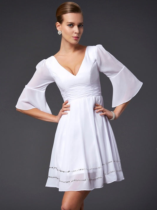 Wholesale A-Line Chiffon V-neck 1/2 Sleeves Short/Mini With Beading Bridesmaid Dresses