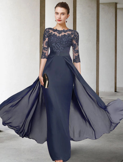 Wholesale Sheath / Column Mother of the Bride Dress Plus Size Elegant Jewel Neck V Neck Floor Length Chiffon Lace Half Sleeve with Ruched Appliques