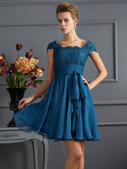 Wholesale A-Line Chiffon Scoop Short Sleeves Short/Mini With Lace Bridesmaid Dresses