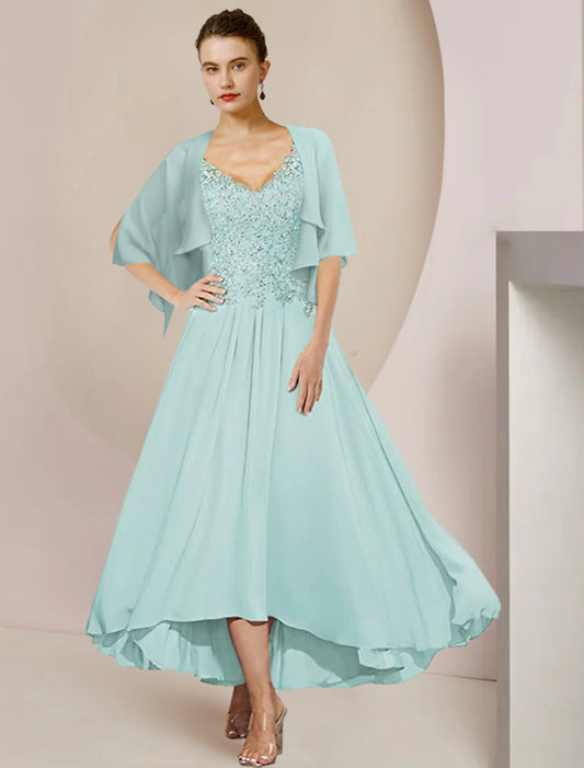 Wholesale Two Piece A-Line Mother of the Bride Dress Formal Wedding Guest Elegant High Low V Neck Asymmetrical Tea Length Chiffon Lace 3/4 Length Sleeve Wrap Included with Sequin Appliques