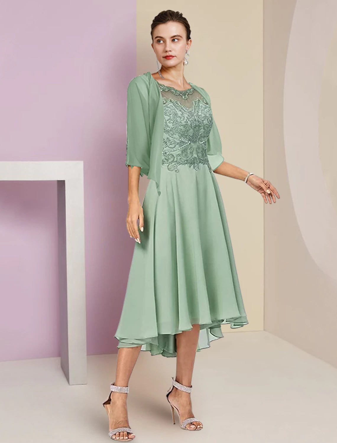 Wholesale Two Piece A-Line Mother of the Bride Dress Formal Wedding Guest Elegant High Low Scoop Neck Asymmetrical Tea Length Chiffon Lace Half Sleeve Wrap Included with Beading Appliques