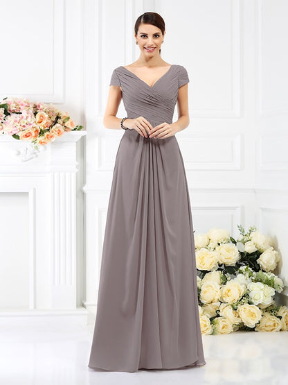 Wholesale A-Line Chiffon V-neck Short Sleeves Floor-Length With Pleats Bridesmaid Dresses