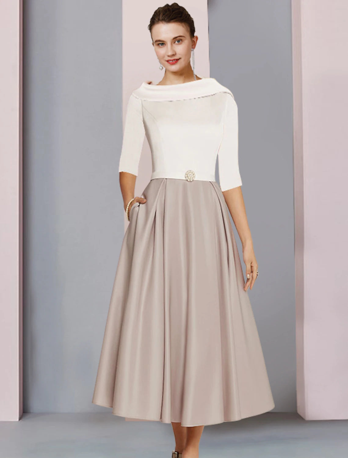 Wholesale A-Line Mother of the Bride Dress Wedding Guest Elegant Scoop Neck Tea Length Satin Half Sleeve with Pleats Crystal Brooch Color Block