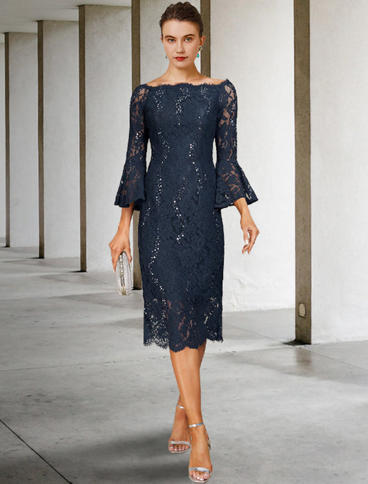 Wholesale Sheath / Column Mother of the Bride Dress Wedding Guest Vintage Elegant Jewel Neck Tea Length Lace 3/4 Length Sleeve with Sequin Fall