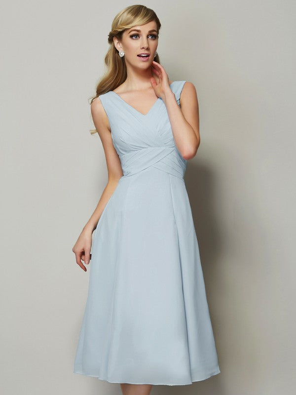 Wholesale A-Line Chiffon V-neck Sleeveless Tea-Length With Pleats Bridesmaid Dresses