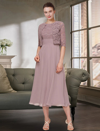 Wholesale Two Piece Mother of the Bride Dress Wedding Guest Elegant Jewel Neck Tea Length Chiffon Lace Half Sleeve with Solid Color