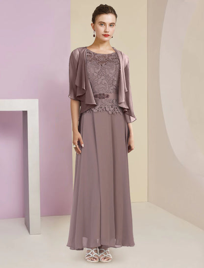 Wholesale Two Piece A-Line Mother of the Bride Dress Formal Wedding Guest Elegant Scoop Neck Floor Length Chiffon Lace 3/4 Length Sleeve Wrap Included with Appliques Crystal Brooch