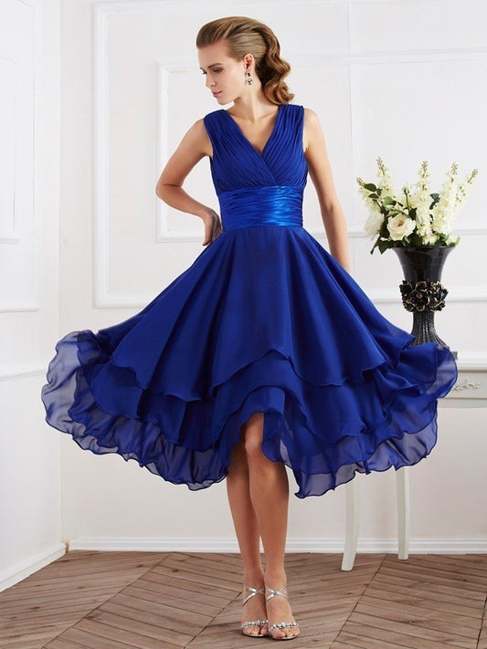 Wholesale A-Line Chiffon V-neck Short Sleeves Tea-Length With Pleats Bridesmaid Dresses