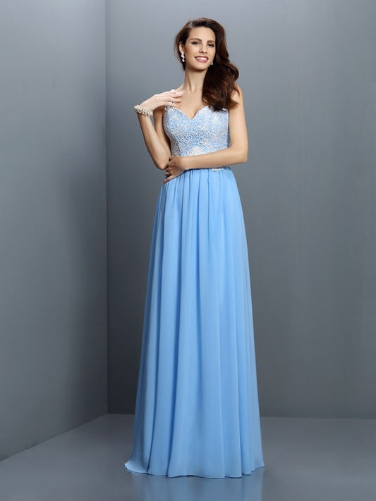 Wholesale A-Line Chiffon V-neck Sleeveless Floor-Length With Lace Bridesmaid Dresses