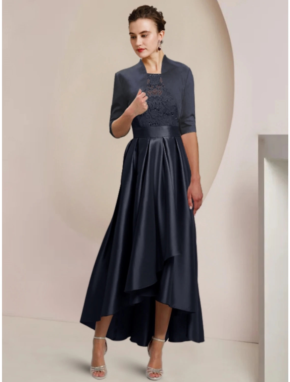 Wholesale Sheath / Column Mother of the Bride Dress Wedding Guest Minimalist Elegant Scoop Neck Asymmetrical Ankle Length Satin Lace Half Sleeve with Pleats Solid Color