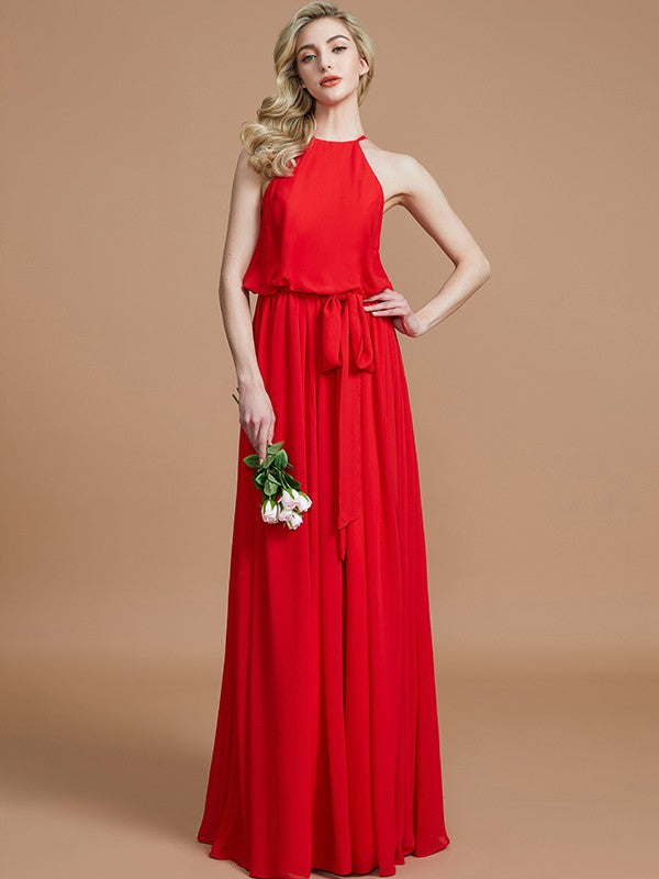 Wholesale A-Line Halter Sleeveless With Sash/Ribbon/Belt Floor-Length Chiffon Bridesmaid Dresses