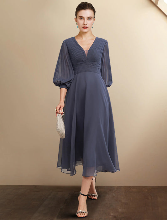 Wholesale A-Line Mother of the Bride Dress Plus Size Elegant V Neck Tea Length Chiffon 3/4 Length Sleeve with Pleats Ruched