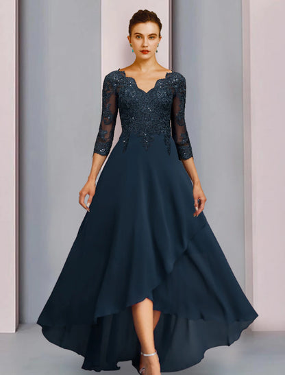 Wholesale Sheath / Column Mother of the Bride Dress Wedding Guest Vintage Sparkle & Shine V Neck Asymmetrical Chiffon Lace 3/4 Length Sleeve with Pleats Sequin