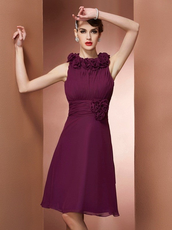 Wholesale A-Line Chiffon High Neck Sleeveless Knee-Length With Hand-Made Flower Bridesmaid Dresses