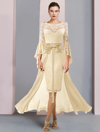 Wholesale Two Piece Sheath / Column Mother of the Bride Dress Formal Wedding Guest Elegant Scoop Neck Knee Length Chiffon Lace 3/4 Length Sleeve with Bow(s)