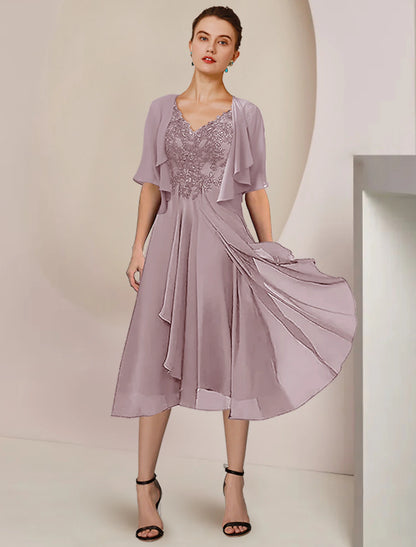 Wholesale Two Piece A-Line Mother of the Bride Dress Formal Wedding Guest Elegant V Neck Asymmetrical Tea Length Chiffon Lace Short Sleeve Wrap Included with Pleats Appliques