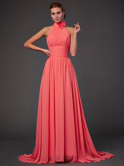 Wholesale A-Line Chiffon Halter Sleeveless Sweep/Brush Train With Hand-Made Flower Bridesmaid Dresses