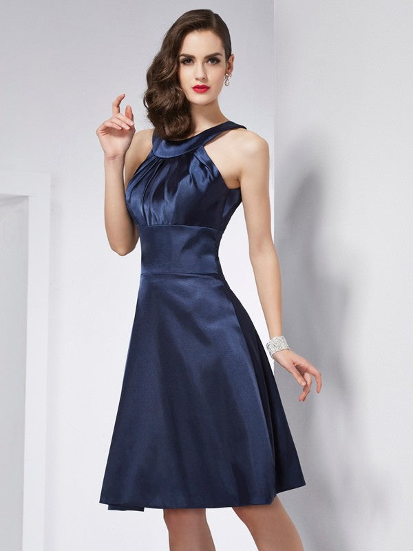 Wholesale A-Line Woven Satin Scoop Sleeveless Knee-Length With Pleats Bridesmaid Dresses