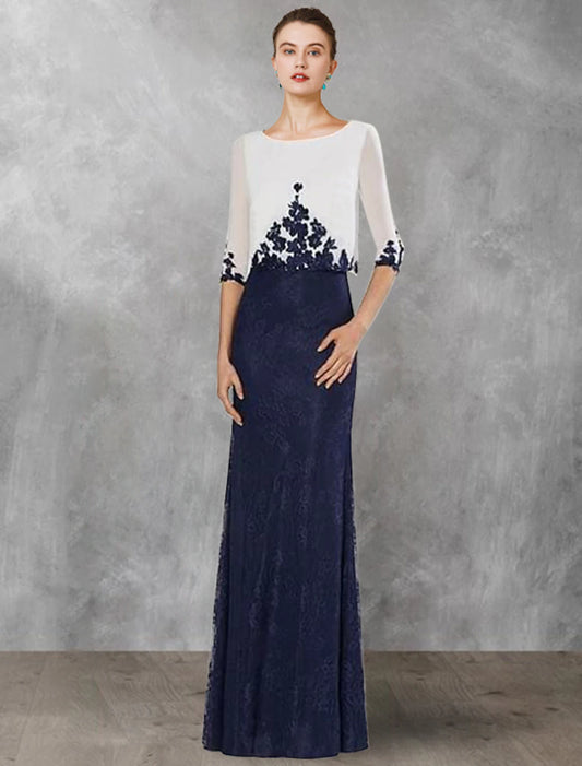 Wholesale Two Piece Sheath / Column Mother of the Bride Dress Wedding Guest Vintage Elegant Jewel Neck Floor Length Chiffon Lace Half Sleeve with Appliques Color Block